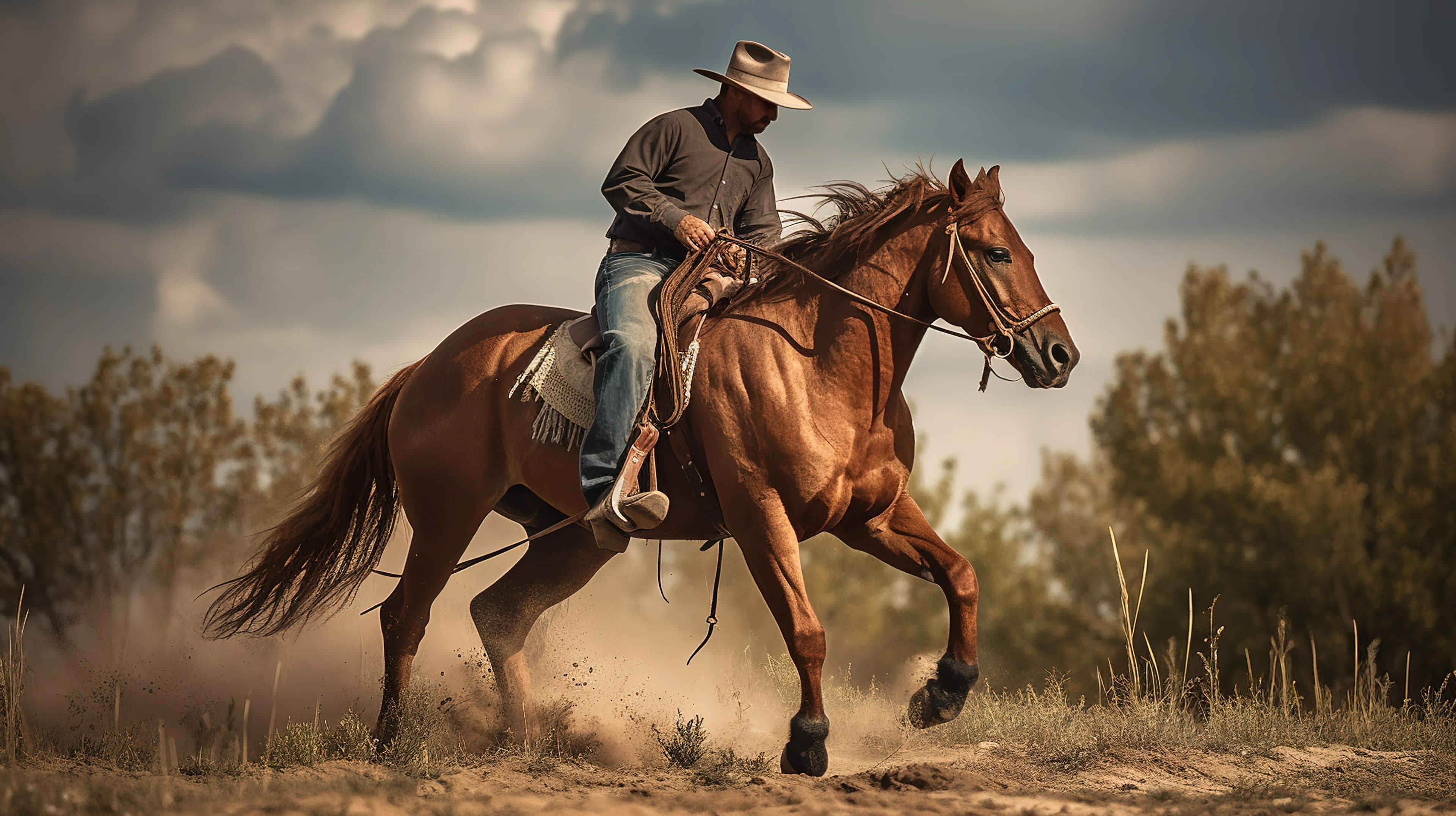 A man with a cowboy hat riding a horse in the sunset.