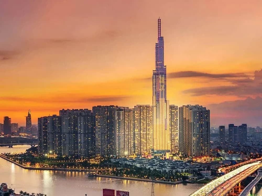 View of Landmark 81 in Ho Chi Minh City at sunset.  