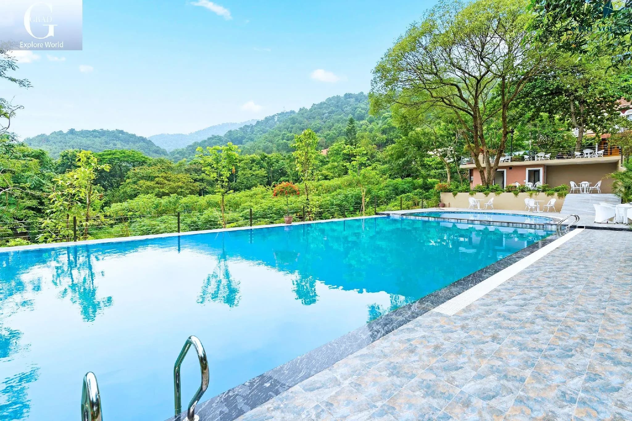 Lush green pool beside the tranquil forest, providing a relaxing experience in harmony with nature.