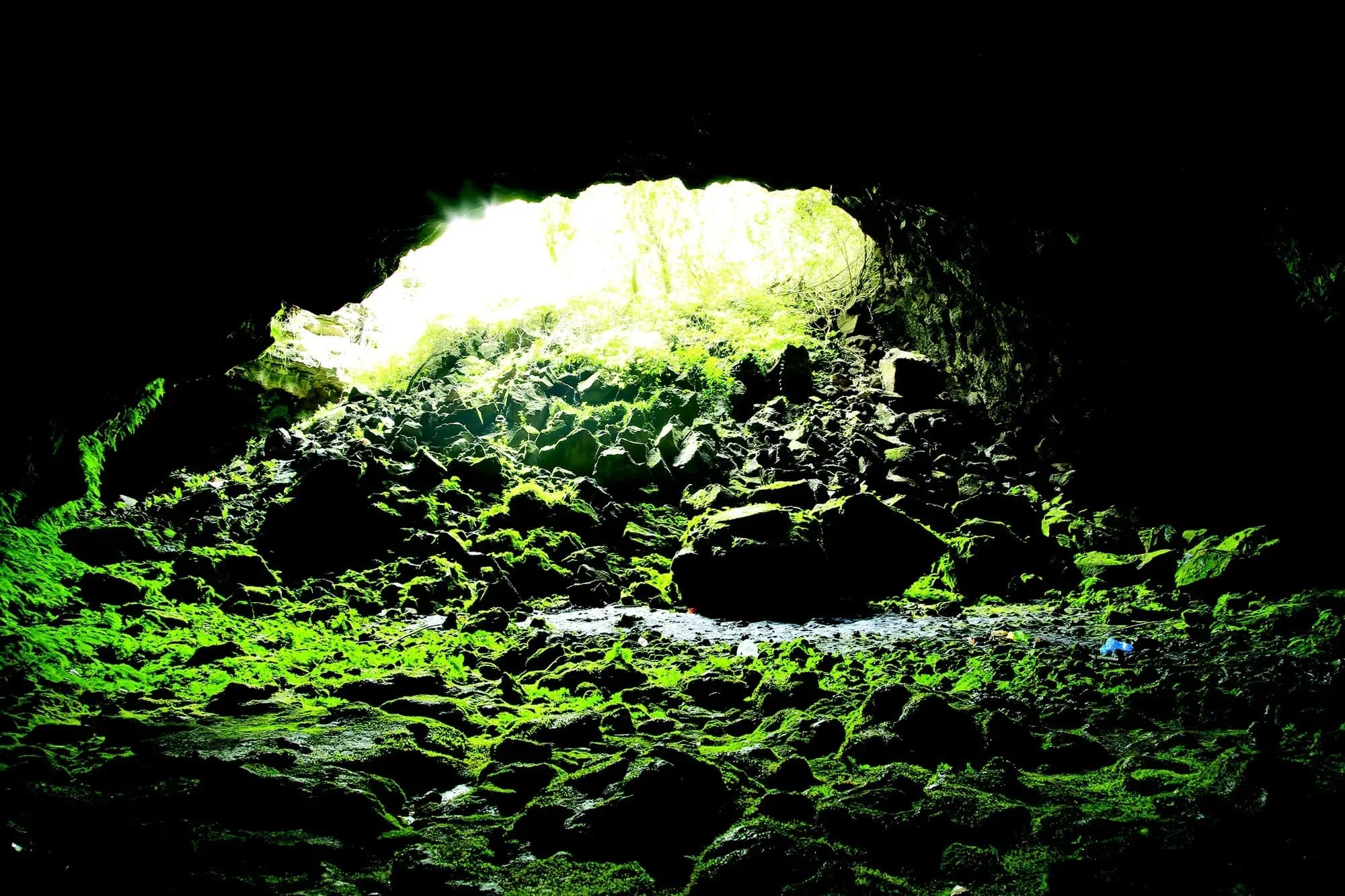 The light from the volcanic cave entrance in Đắk Nông creates a magical scene.