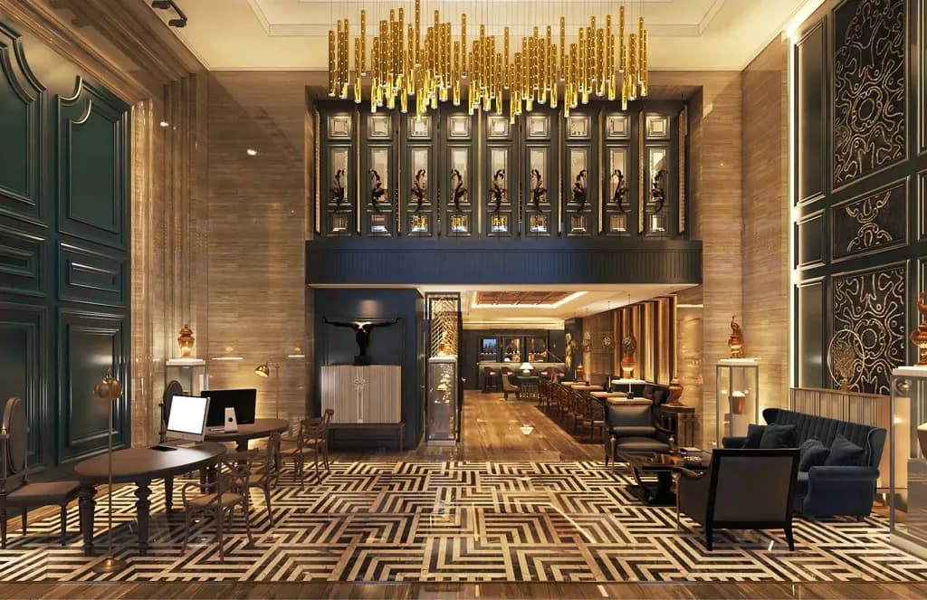 Luxury hotel lobby with unique chandelier and modern furnishings.