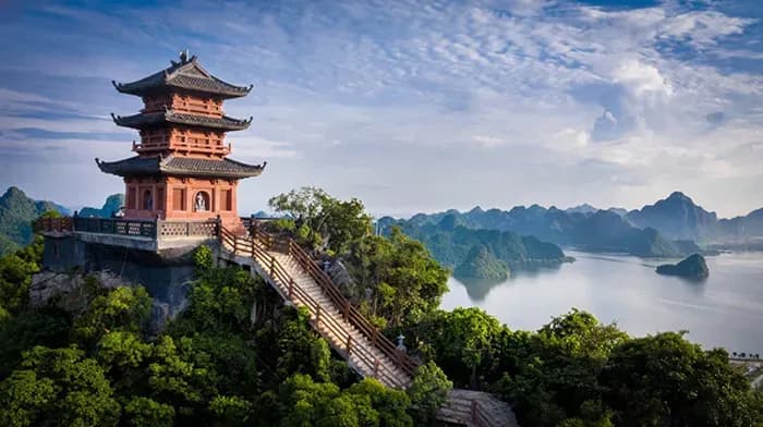 Ngoc Pagoda perched on a mountain peak with expansive views.