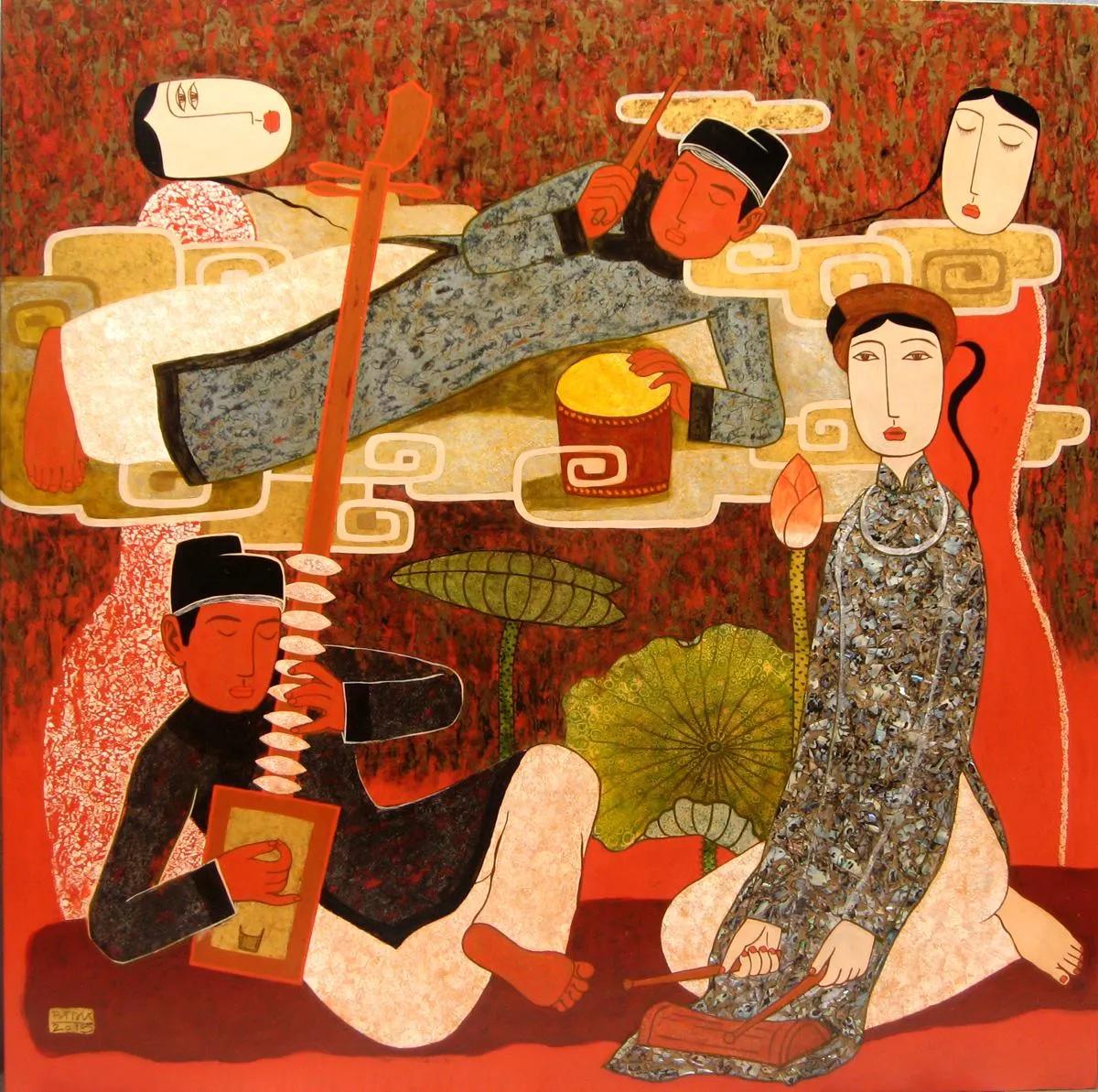 A lacquer painting depicting a traditional Ca Trù performance, showcasing the elegance and cultural depth of this ancient Vietnamese art form