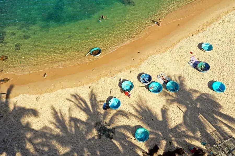 Gentle waves on golden sand beneath coconut shadows at Bai Xep, Quy Nhon.