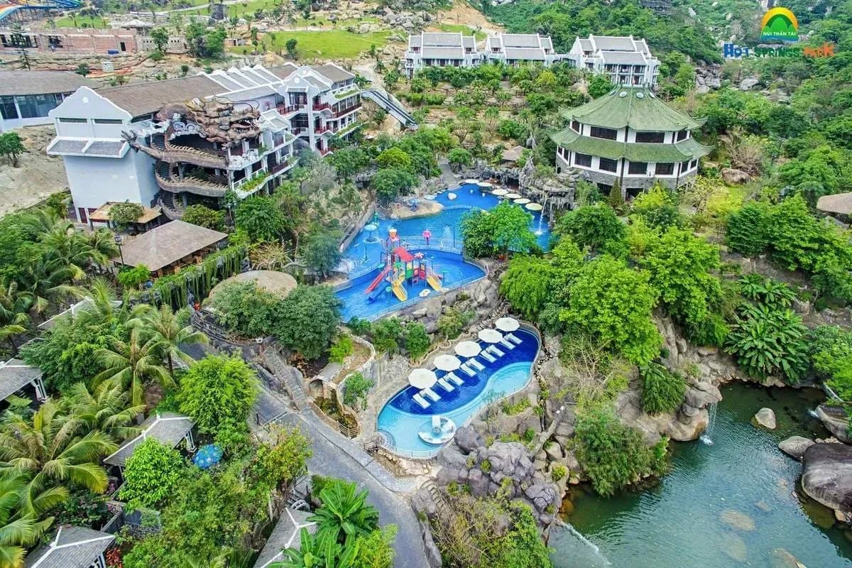 Beautiful campus with cool swimming pool at Nghia Thuan hot spring, Quang Ngai.