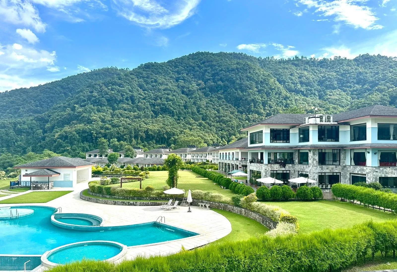Luxurious resort by the sparkling blue pool.
