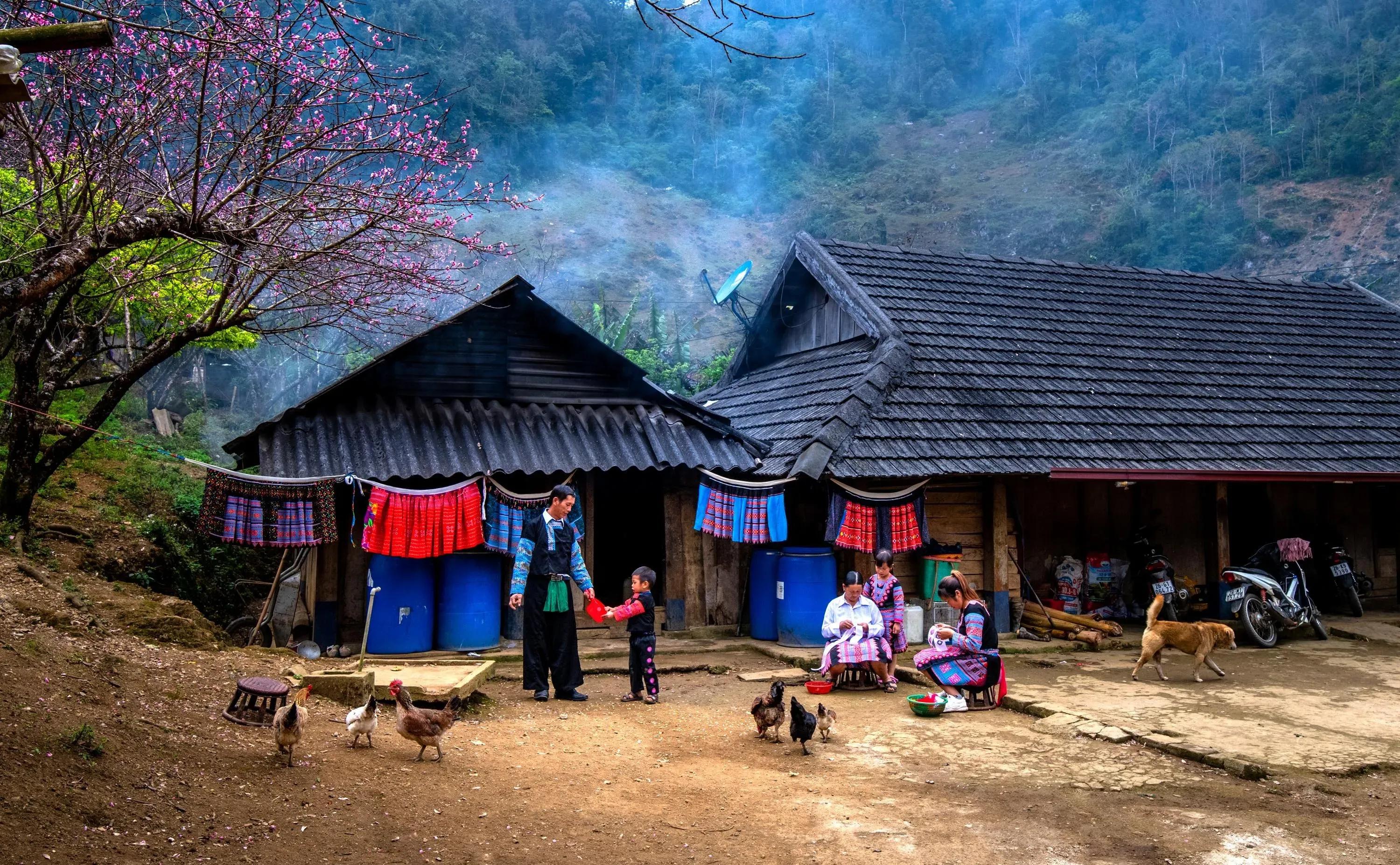 Two Hmong women beaming in vivid traditional attire.