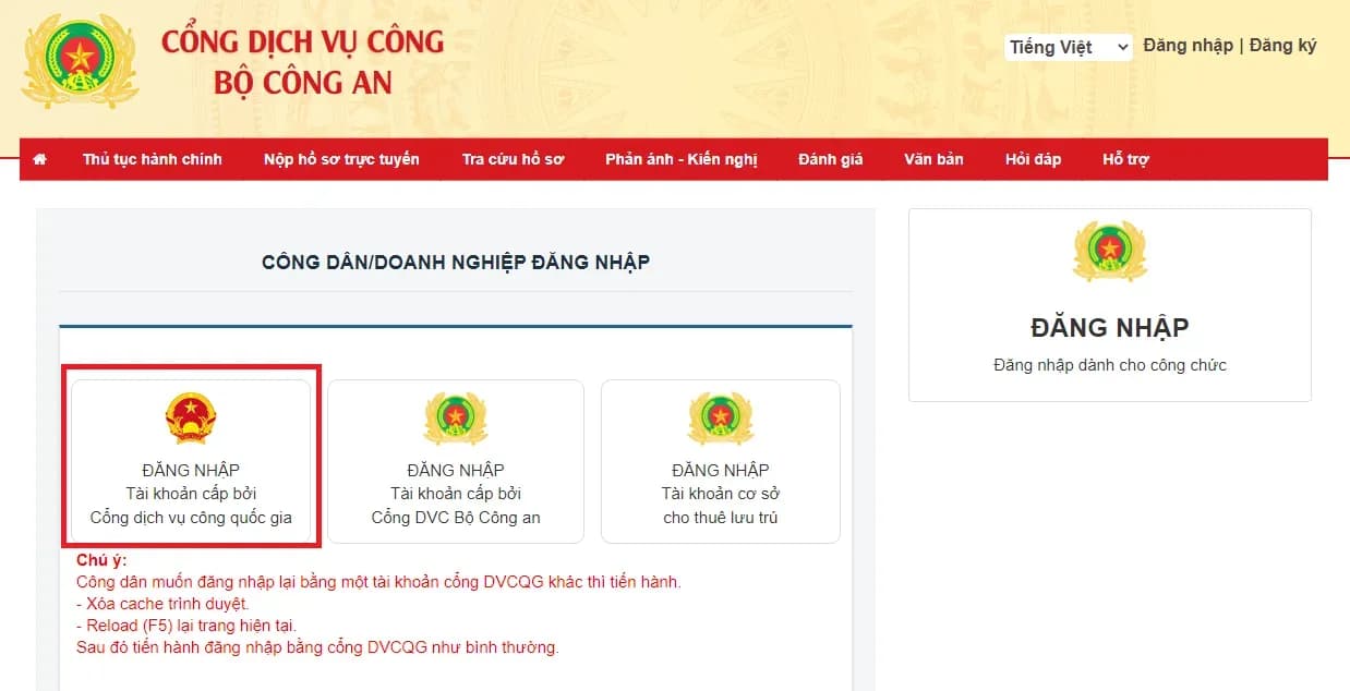 Bước 2: Đăng nhập tài khoản dịch vụ công quốc gia 10