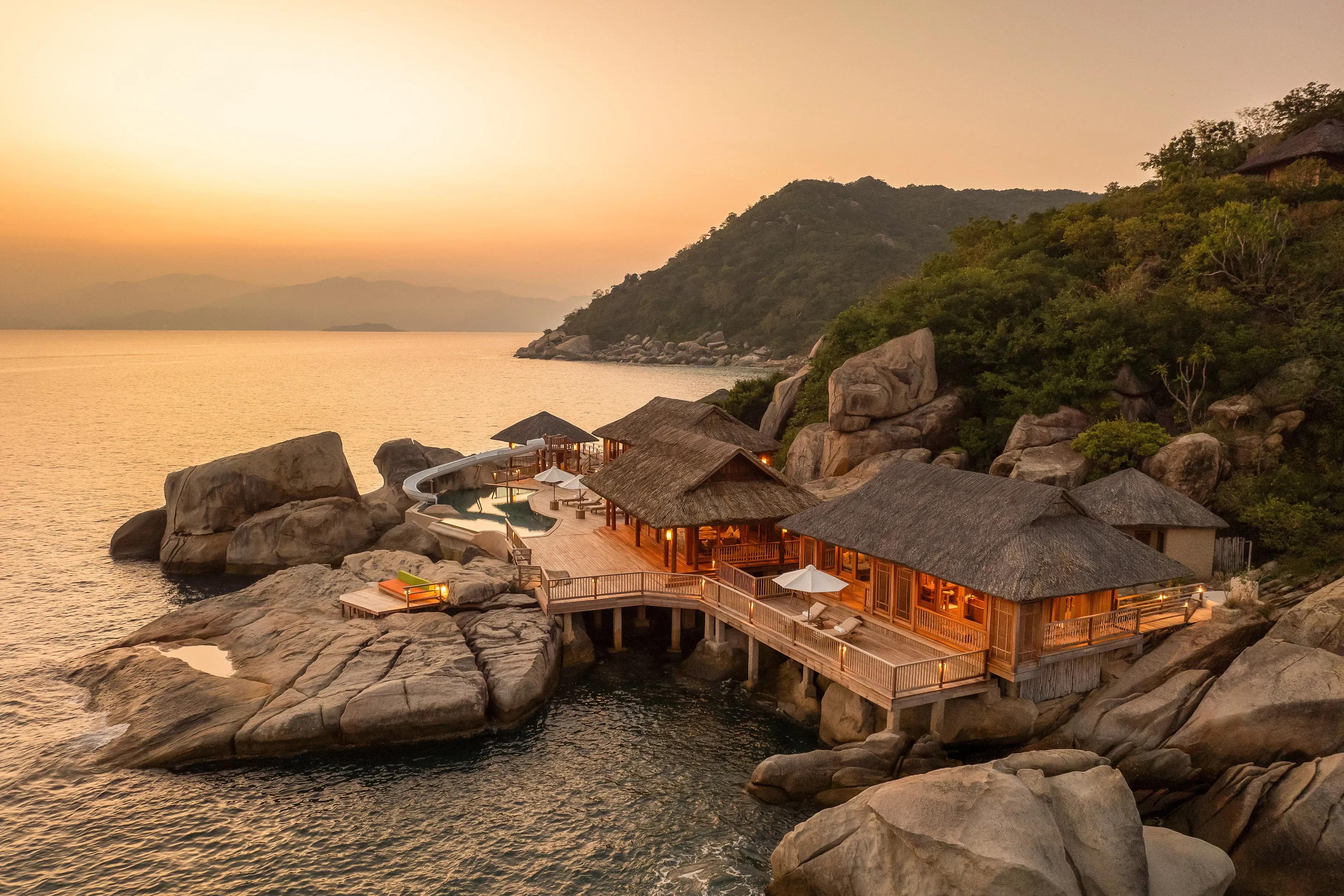 Breathtaking sunset view at Six Senses Ninh Vân Bay with stunning oceanfront villas.