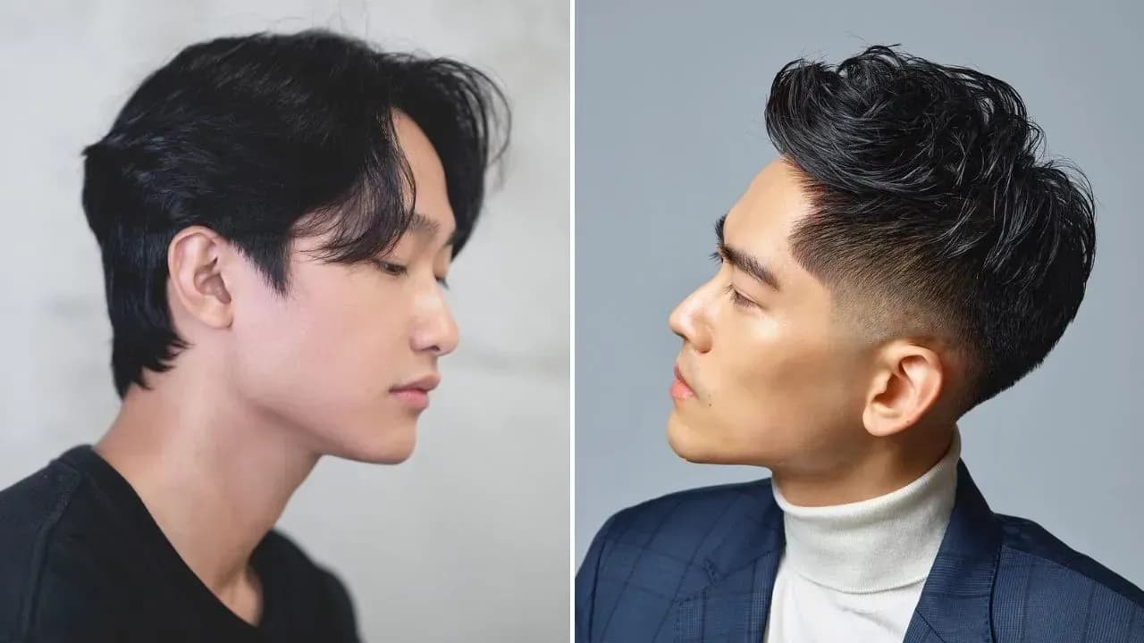 A man showcases two different hairstyles: a natural wavy long haircut and a neat undercut at a salon in Cau Giay, Hanoi.