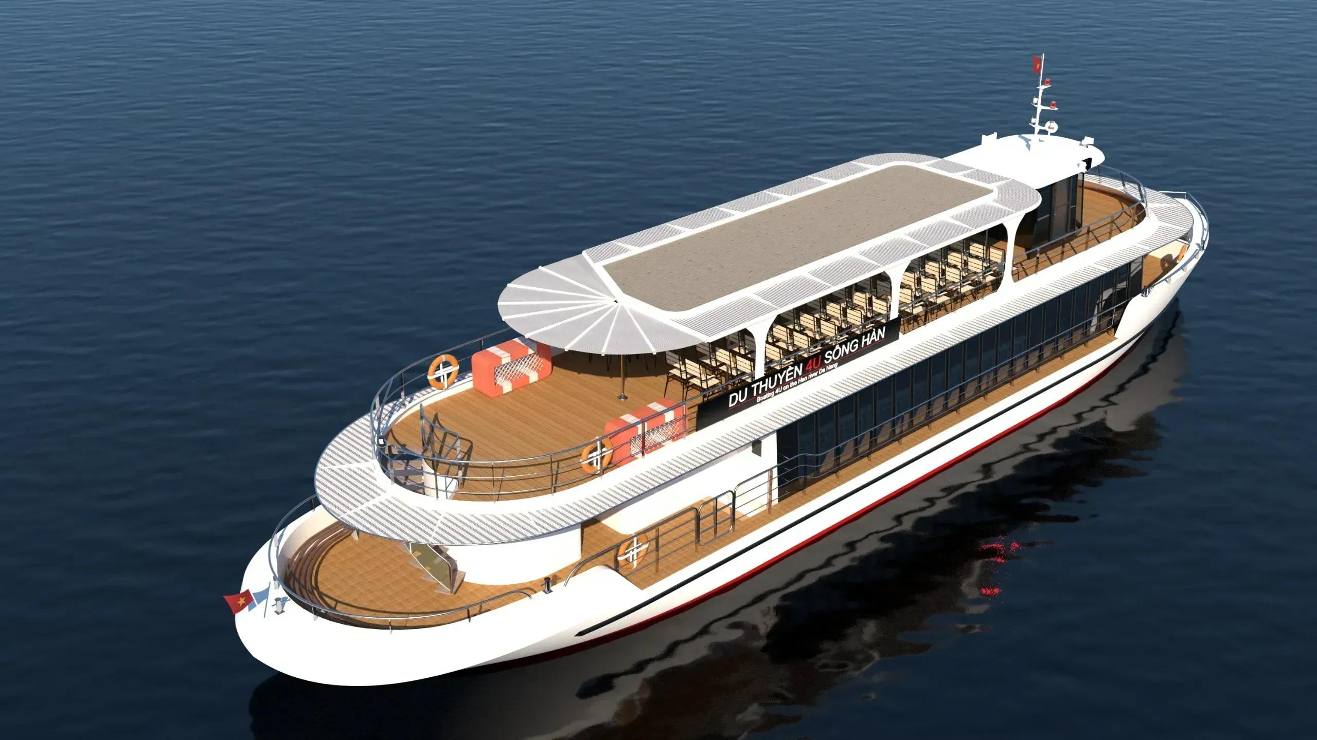 The 4U Han River Cruise floats on the water, showing modern design and spacious space.