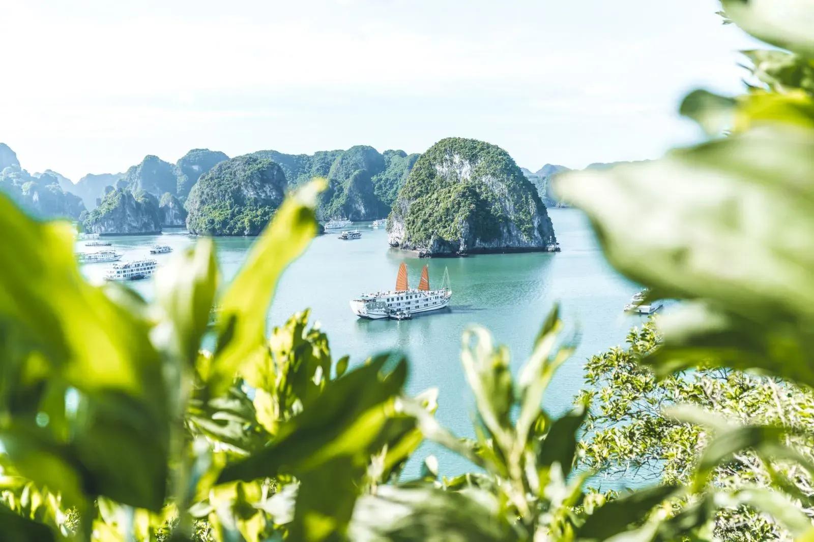 Marvel at the aerial view of Halong Bay, embracing the tranquility of nature.