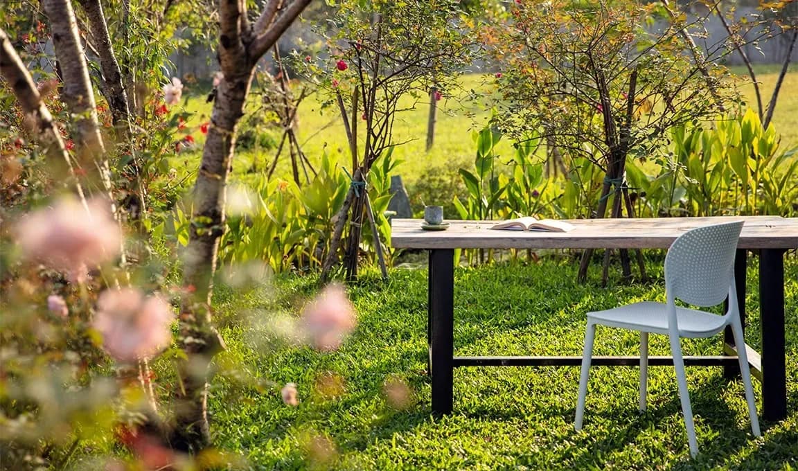 A tranquil nook amidst lush greenery at Annam Garden.