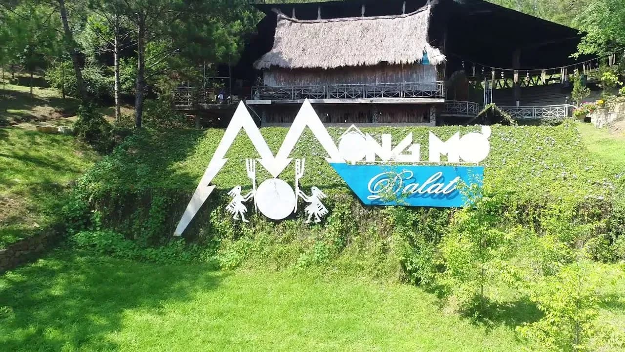 Dreaming Hill sign at Da Lat nestled amidst lush green pine trees.