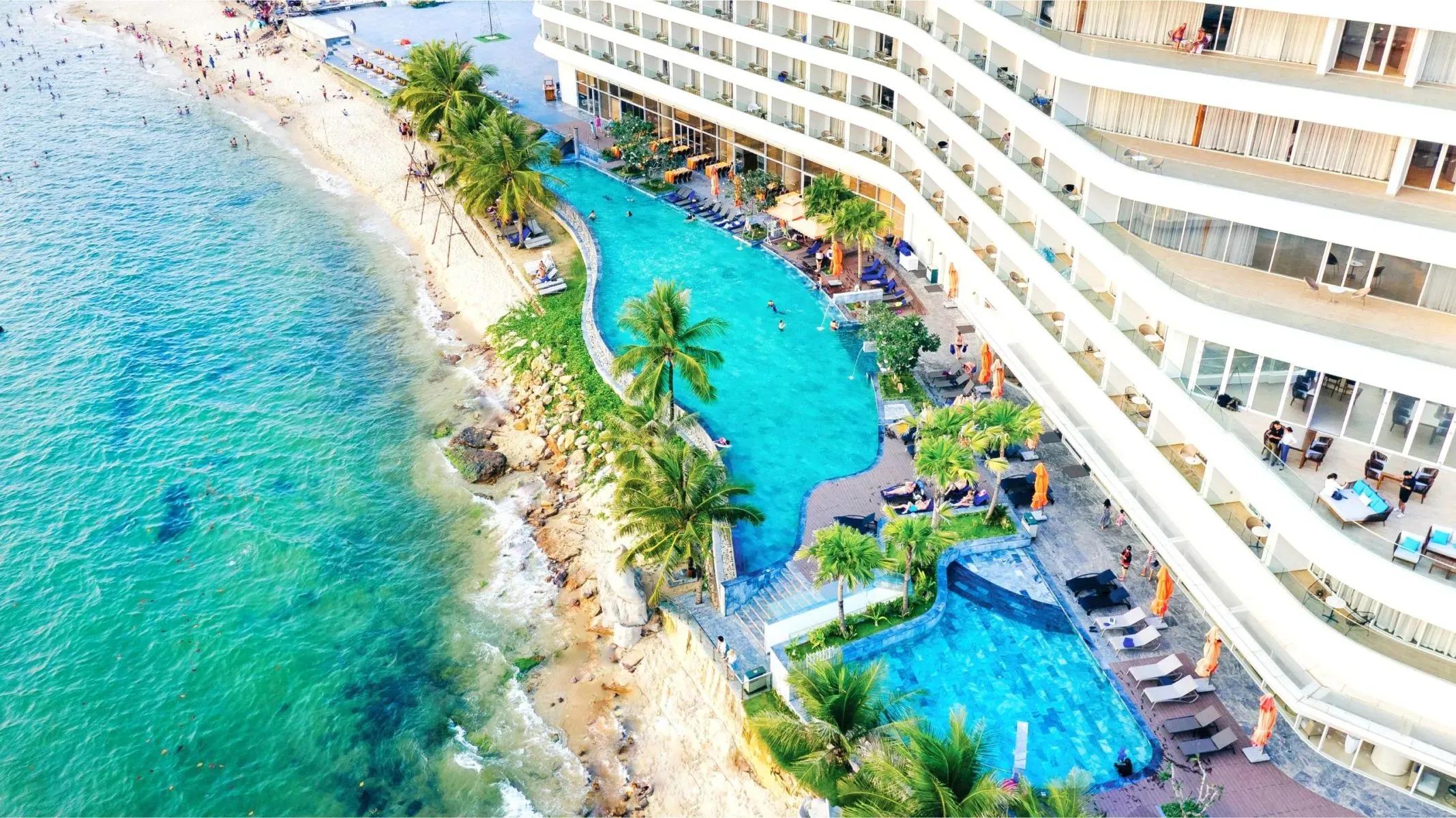 Breathtaking resort view with the pool and azure sea at The Shells Phu Quoc.